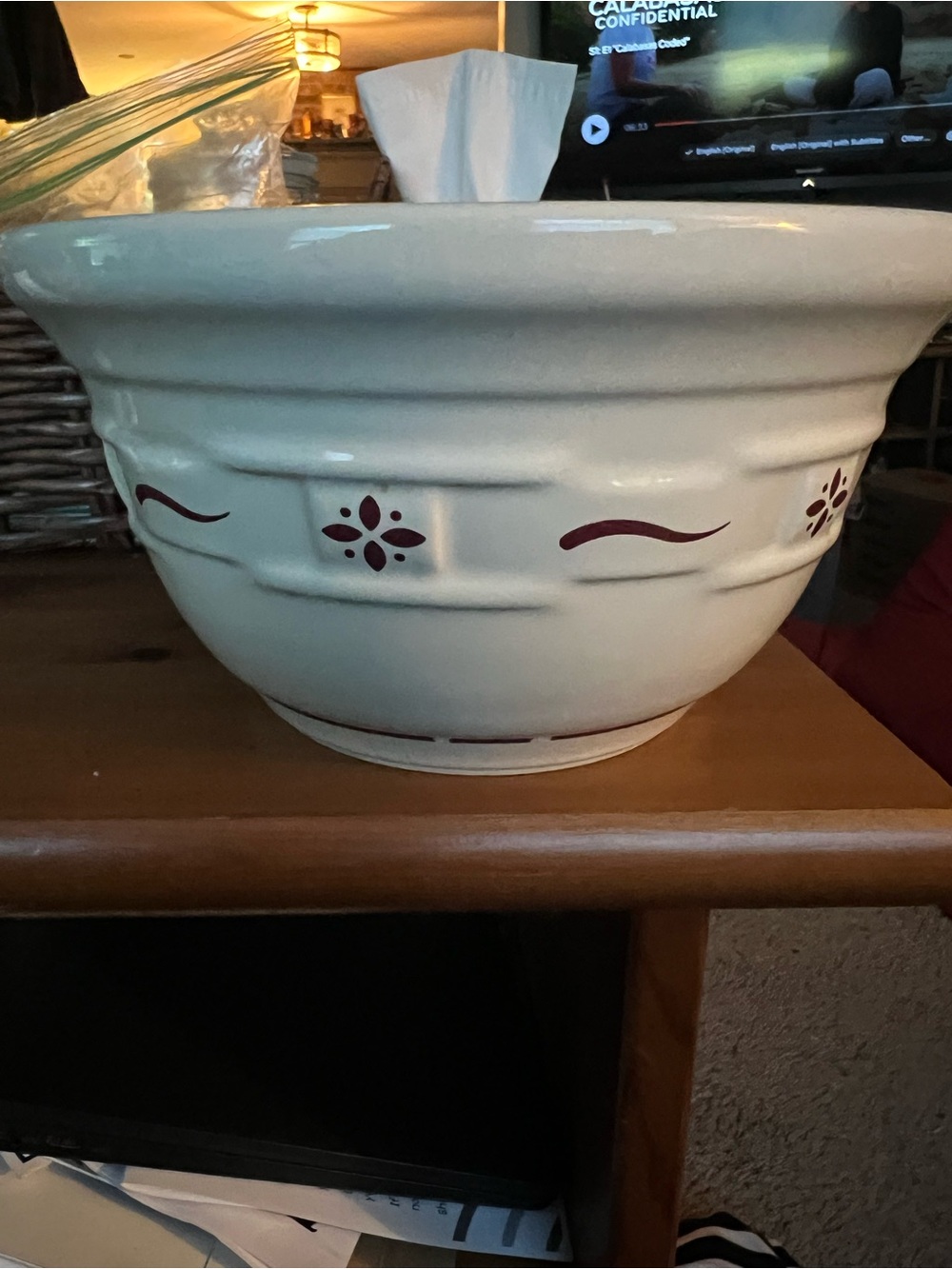 Longaberger Cream Ceramic Bowl with Burgundy 8 inch